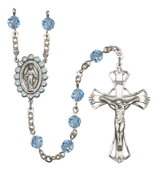 Silver Plated 6mm Austrian Crystal Miraculous Birthstone Rosary in Aqua