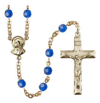 Gold Plated 6mm Austrian Crystal Madonnna Mary Rosary in Capri Blue