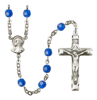 Silver Plated 6mm Austrian Crystal Madonnna Mary Rosary in Capri Blue