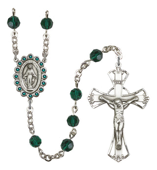 Silver Plated 6mm Austrian Crystal Miraculous Birthstone Rosary in Emerald