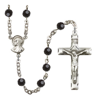 Silver Plated 6mm Austrian Crystal Madonnna Mary Rosary in Jet