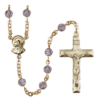 Gold Plated 6mm Austrian Crystal Madonnna Mary Rosary in Light Amethyst