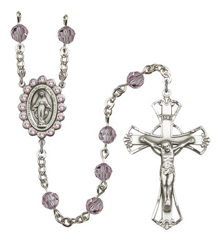 Silver Plated 6mm Austrian Crystal Miraculous Birthstone Rosary in Light Amethyst