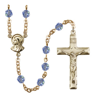 Gold Plated 6mm Austrian Crystal Madonnna Mary Rosary in Light Sapphire