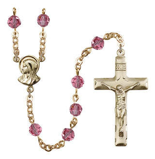 Gold Plated 6mm Austrian Crystal Madonnna Mary Rosary in Rose