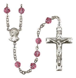Silver Plated 6mm Austrian Crystal Madonnna Mary Rosary in Rose