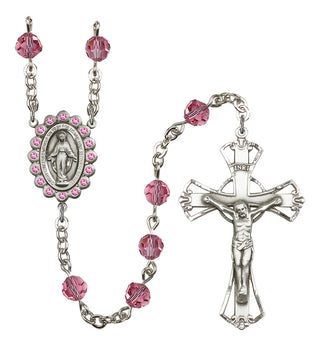 Silver Plated 6mm Austrian Crystal Miraculous Birthstone Rosary in Rose