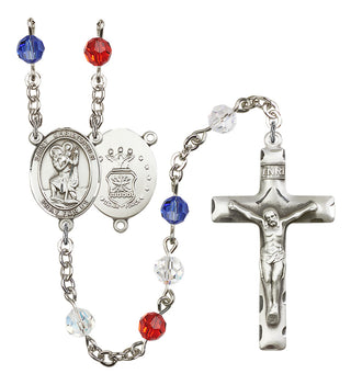 Silver Plated 6mm Austrian Crystal Saint Christopher / Air Force Rosary in Red/White/Blue