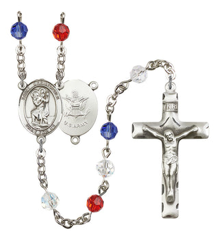 Silver Plated 6mm Austrian Crystal Saint Christopher / Army Rosary in Red/White/Blue