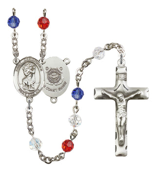 Silver Plated 6mm Austrian Crystal Saint Christopher / Coast Guard Rosary in Red/White/Blue