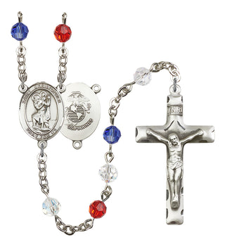 Silver Plated 6mm Austrian Crystal Saint Christopher / Marines Rosary in Red/White/Blue