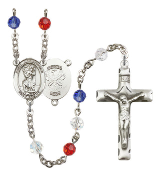 Silver Plated 6mm Austrian Crystal Saint Christopher / Nat'l Guard Rosary in Red/White/Blue