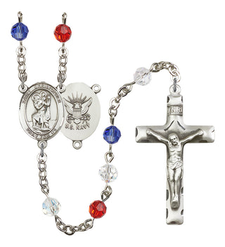 Silver Plated 6mm Austrian Crystal Saint Christopher / Navy Rosary in Red/White/Blue