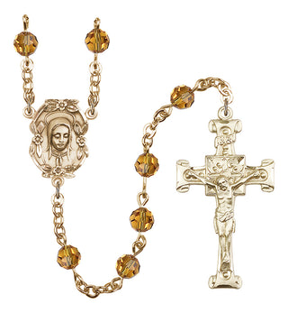 Gold Plated 6mm Austrian Crystal Madonnna Mary Rosary in Topaz