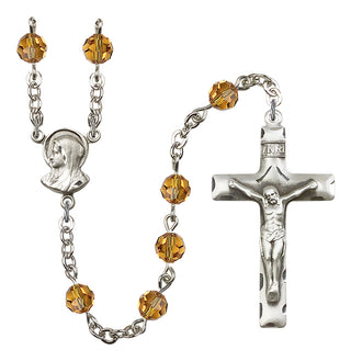 Silver Plated 6mm Austrian Crystal Madonnna Mary Rosary in Topaz