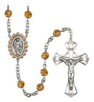 Silver Plated 6mm Austrian Crystal Miraculous Birthstone Rosary in Topaz