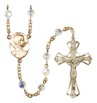 Gold Plated 6mm Austrian Crystal Madonna Mary Rosary with Aurora Borealis in Crystal