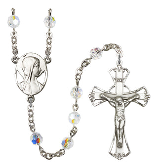 Silver Plated 6mm Austrian Crystal Madonna Mary Rosary with Aurora Borealis in Crystal
