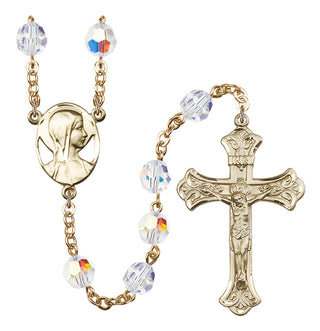 Gold Plated 8mm Austrian Crystal Madonna Mary Rosary with Aurora Borealis in Crystal