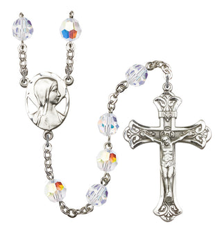 Silver Plated 8mm Austrian Crystal Madonna Mary Rosary with Aurora Borealis in Crystal