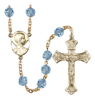 Gold Plated 8mm Austrian Crystal Madonna Mary Rosary in Aqua