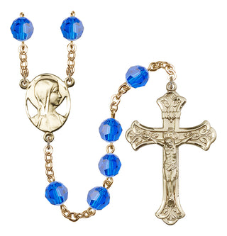 Gold Plated 8mm Austrian Crystal Madonna Mary Rosary in Capri Blue