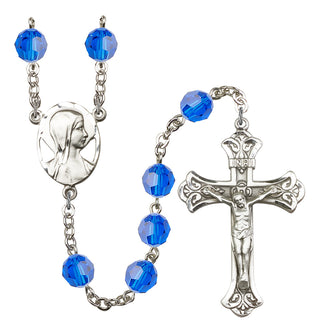 Silver Plated 8mm Austrian Crystal Madonna Mary Rosary in Capri Blue