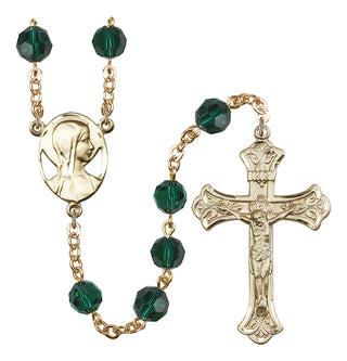 Gold Plated 8mm Austrian Crystal Madonna Mary Rosary in Emerald