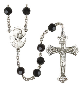 Silver Plated 8mm Austrian Crystal Madonna Mary Rosary in Jet