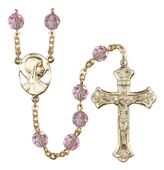 Gold Plated 8mm Austrian Crystal Madonna Mary Rosary in Light Rose