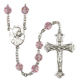Silver Plated 8mm Austrian Crystal Madonna Mary Rosary in Light Rose