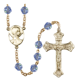 Gold Plated 8mm Austrian Crystal Madonna Mary Rosary in Light Sapphire