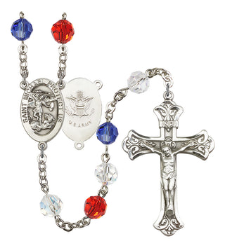 Silver Plated 8mm Austrian Crystal Saint Michael the Archangel/Army Rosary in Red/White/Blue