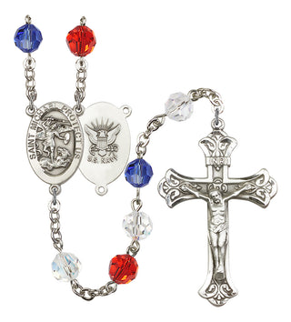 Silver Plated 8mm Austrian Crystal Saint Michael the Archangel/Navy Rosary in Red/White/Blue