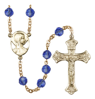 Gold Plated 8mm Austrian Crystal Madonna Mary Rosary in Sapphire