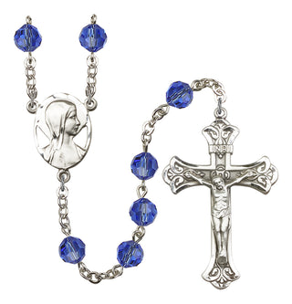 Silver Plated 8mm Austrian Crystal Madonna Mary Rosary in Sapphire