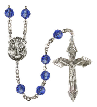 Silver Plated 8mm Austrian Crystal Saint Michael the Archangel Rosary in Sapphire