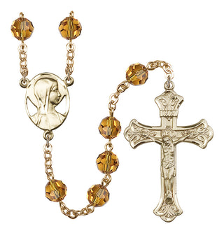 Gold Plated 8mm Austrian Crystal Madonna Mary Rosary in Topaz