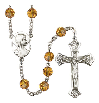 Silver Plated 8mm Austrian Crystal Madonna Mary Rosary in Topaz