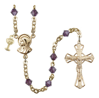 Gold Plated 5mm Austrian Crystal Madonna Mary Rosary in Amethyst