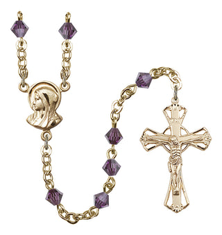 Gold Plated 5mm Austrian Crystal Madonna Mary Rosary in Amethyst
