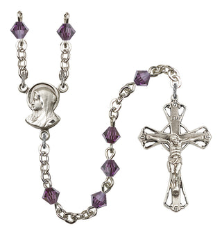 Silver Plated 5mm Austrian Crystal Madonna Mary Rosary in Amethyst