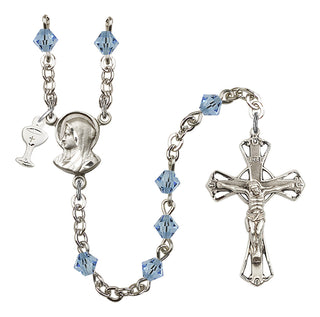 Silver Plated 5mm Austrian Crystal Madonna Mary Rosary in Aqua