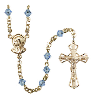 Gold Plated 5mm Austrian Crystal Madonna Mary Rosary in Aqua