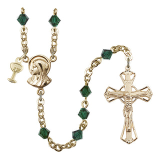 Gold Plated 5mm Austrian Crystal Madonna Mary Rosary in Emerald