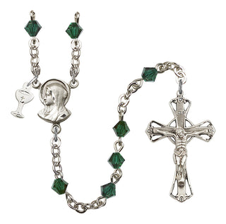 Silver Plated 5mm Austrian Crystal Madonna Mary Rosary in Emerald