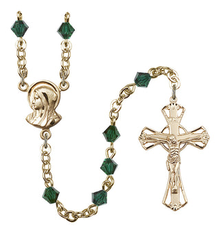 Gold Plated 5mm Austrian Crystal Madonna Mary Rosary in Emerald