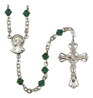 Silver Plated 5mm Austrian Crystal Madonna Mary Rosary in Emerald