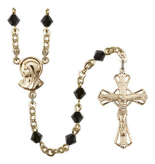 Gold Plated 5mm Austrian Crystal Madonna Mary Rosary in Jet