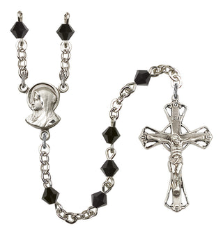 Silver Plated 5mm Austrian Crystal Madonna Mary Rosary in Jet
